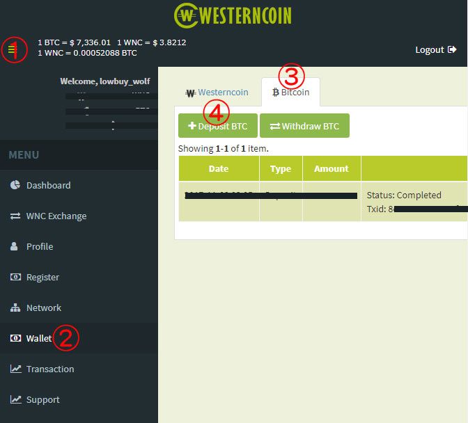 Westerncoin送金画面へ